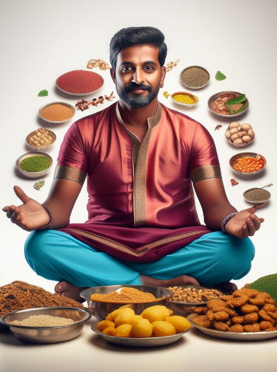 A man from India sitting, surrounded by food